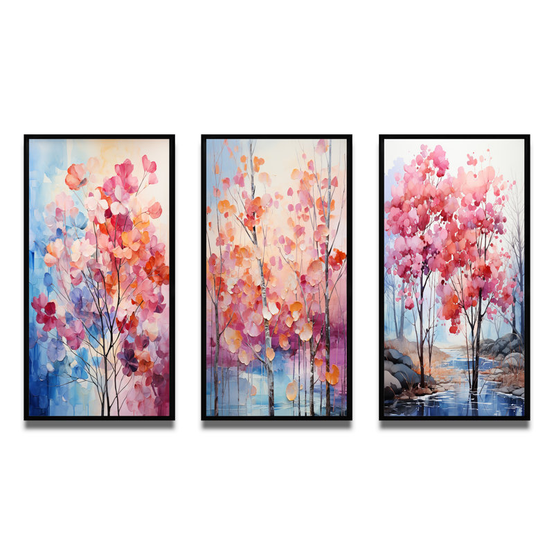 «Pink and Blue Trees Field Pointillism VI», 3 pièces sur toile, Cadre noir, H 28 po x l 36 po