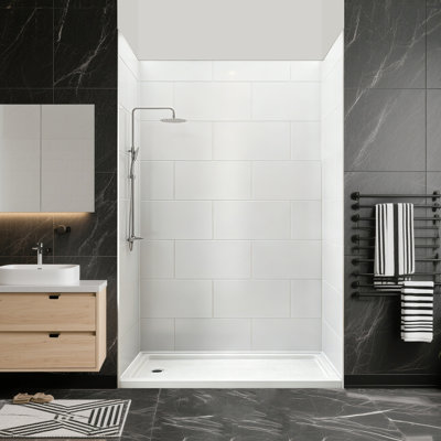 Ensemble de panneau de douche mural 3 pièces l 60 po x P 36 po x H 80 po, grands panneaux de douche texturés en briques blanches décalées, contour de douche en acrylique moderne, dosseret de salle de bain à installation rapide, épaisseur de 1/8 po (2,8 mm)
