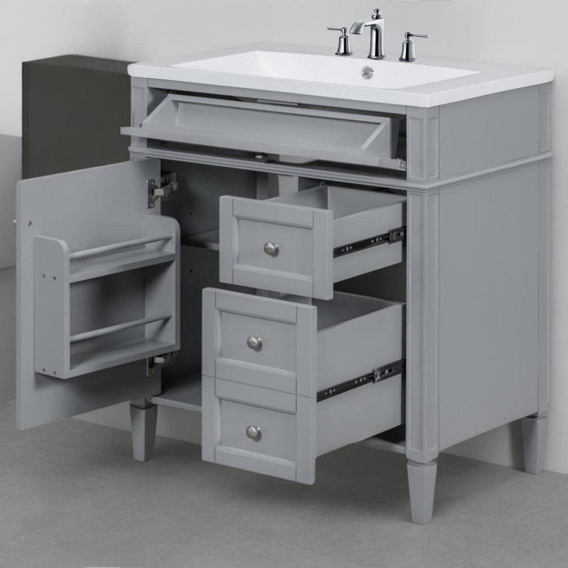 Meuble-lavabo moderne de 30 po avec plateau en résine, 2 tiroirs et un tiroir basculant, Gris, Argent argent