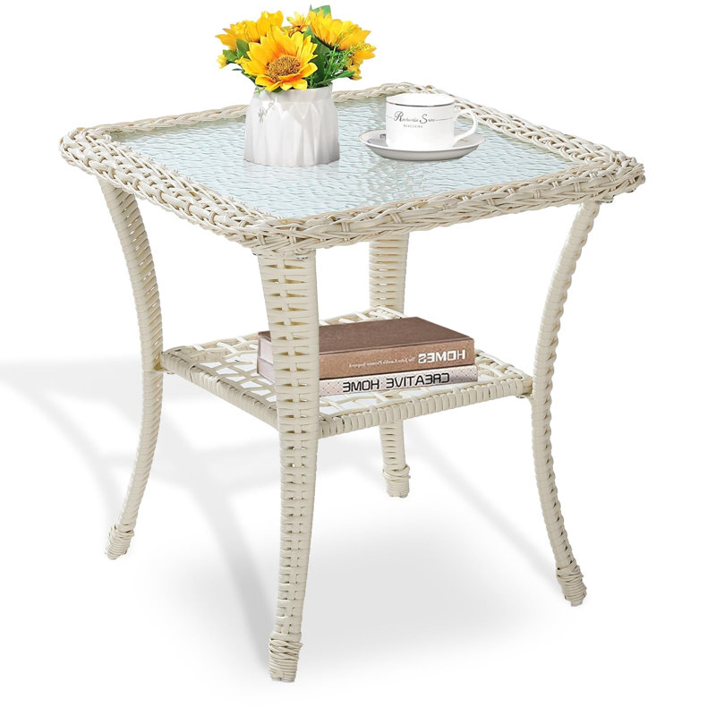 Outdoor Wicker Side Table, All-weather Rattan Patio Side Table Bistro Table With 2-tier, Tempered Glass Top Square End Table For Indoor, Balcony, Garden, Porch, Deck