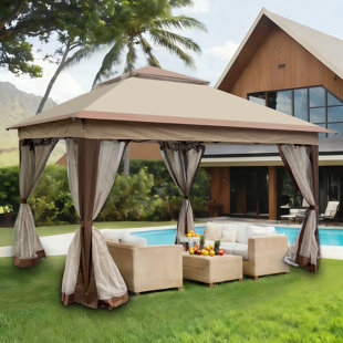 Pavillon de jardin d'extérieur 11 pi x 11 pi 2 étages à toit souple avec moustiquaire amovible en métal pour patio