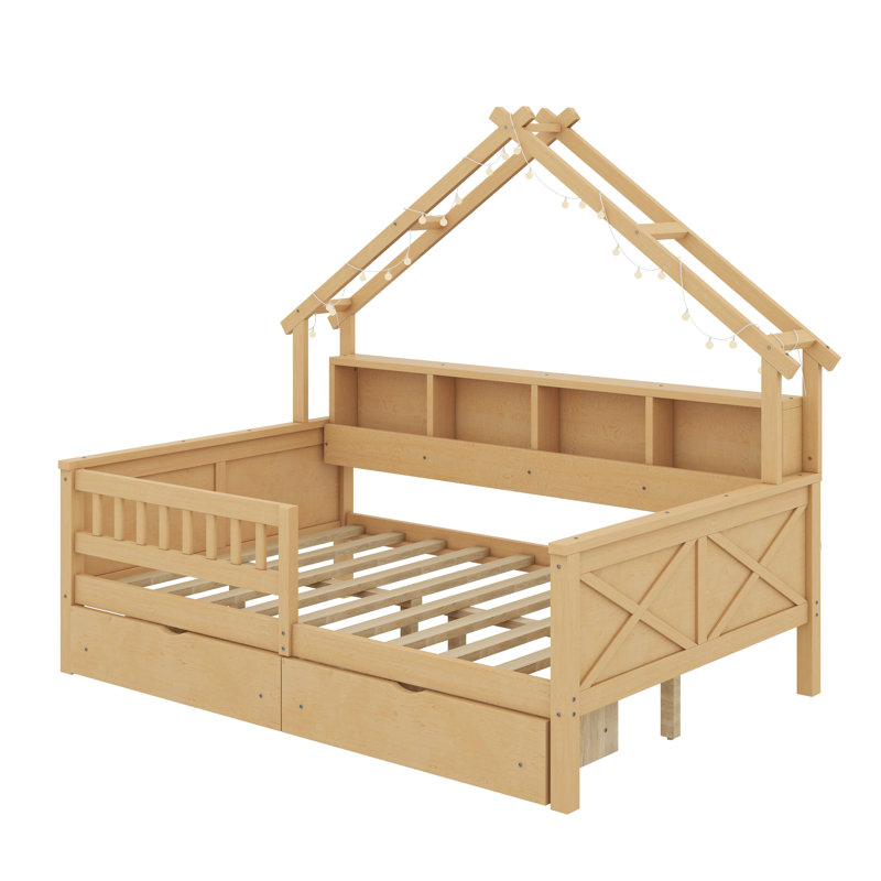 Lits plateforme en bois pleine grandeur avec DEL, tablettes de rangement, tiroirs et garde-corps, Naturel