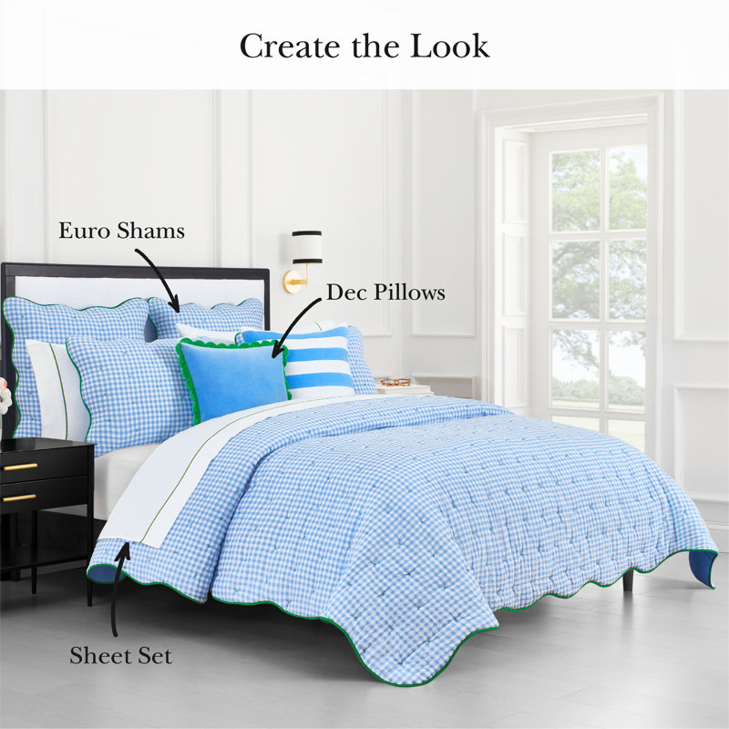 kate spade new york Joyful Gingham 3-Piece King Quilt Bedding Set, Poly-Cotton Blend Reversible Cover, All Season Warmth Bedding, Machine Washable, Windy Blue
