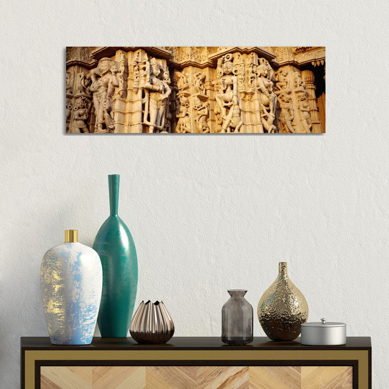 Sculptures Carved On A Wall Of A Temple, Jain Temple - Wrapped Canvas Panoramic Print, 30.48 cm H x 91.44 cm W x 1.91 cm D