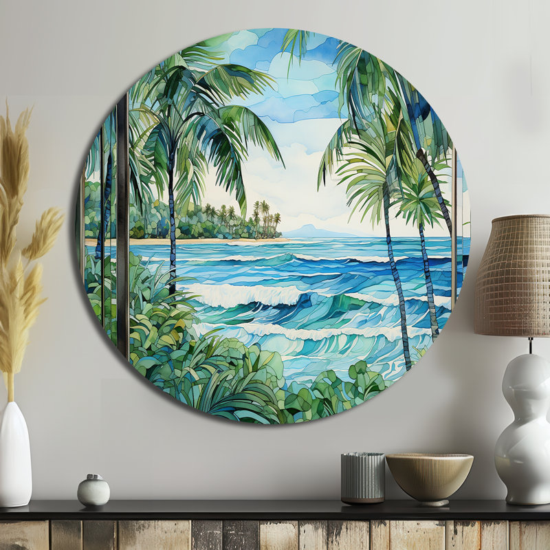 Tranquillité de plage côtière tropicale - art rond en métal côtier, H 36 po x l 36 po