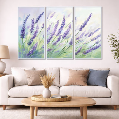 Art mural lavande, toile florale mauve - brise de jardin lavande, ensemble d'art mural sur toile encadré 3 pièces