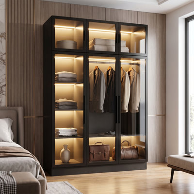 190cm Black 6-Door Wardrobe with Iron-Framed Tempered Glass Doors & LED