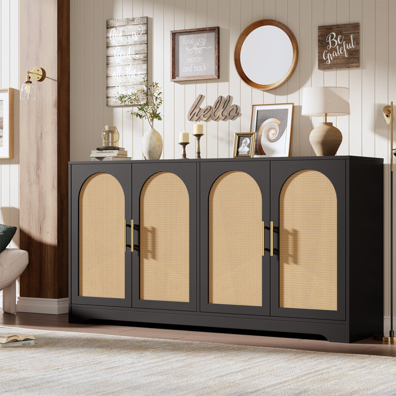 59" Rattan Sideboard Buffet Cabinet - Storage Cabinet with 4 Doors, Modern Console Table Accent Coffee Bar Cabinet for Living Room, Kitchen, Black