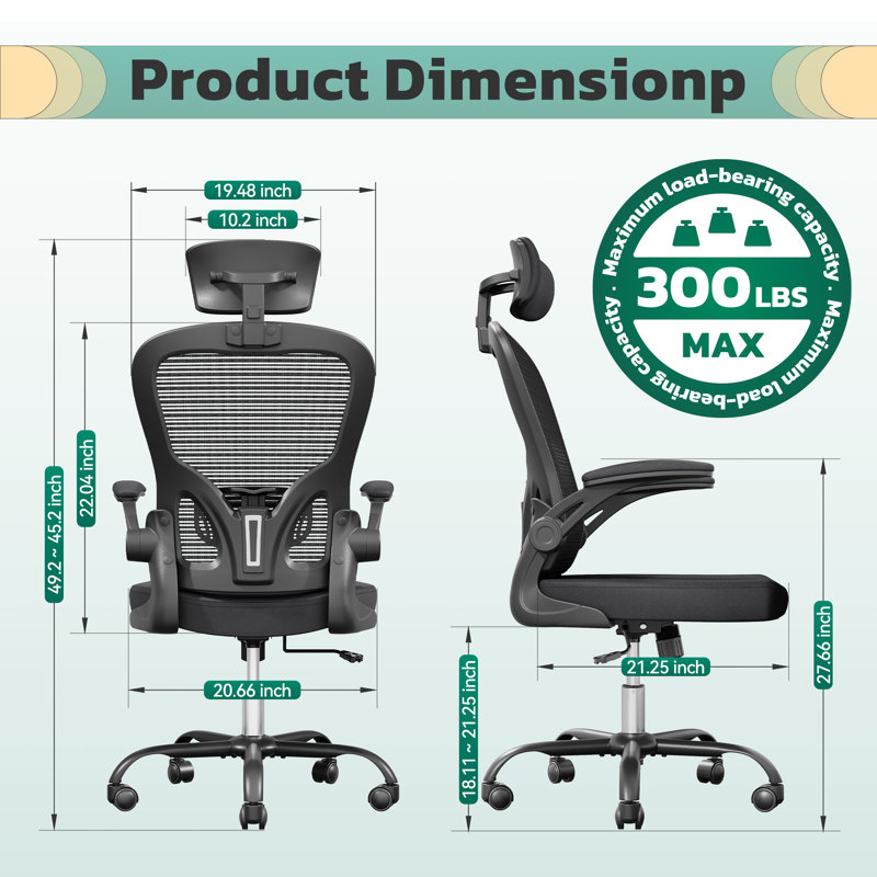 Ergonomic Game Chair, 300lbs High Back Breathable Mesh Desk Chair with Lumbar Support, Comfy Gaming Chair with Headrest and Flip-Up Arms, 360° Swivel Computer Task Chair for Home Office, Black