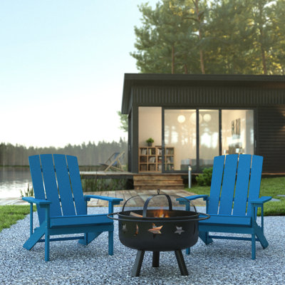 Star and Moon Fire Pit with Mesh Cover & 2 Poly Resin Adirondack Chairs
