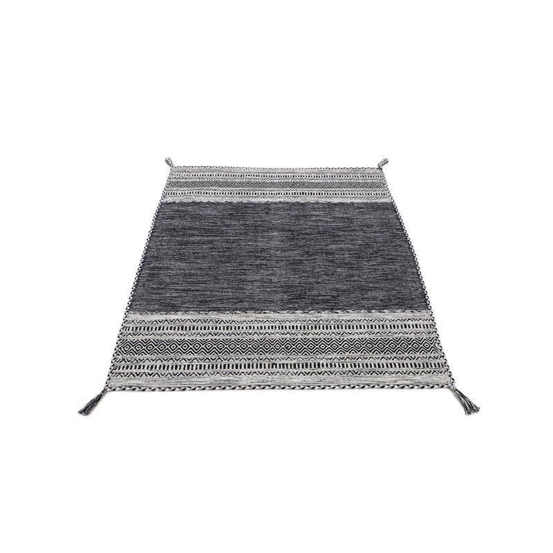 Azizi Striped Hand Woven Cotton Black Rug, Rectangle 140 x 200cm