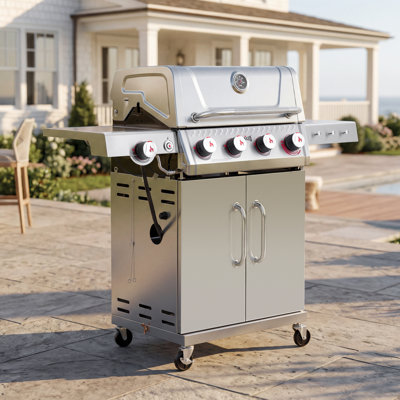 FEASTO 4-Burner Propane Gas Grill with Sear Burner & Side Burner, Stainless Steel Construction with Porcelain-Enameled Main Body, 49,500 BTU