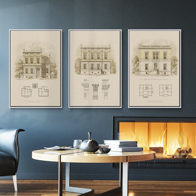 Estate and Plan III, ensemble de 3 toiles encadrées, Cadre blanc, H 27 po x l 54 po