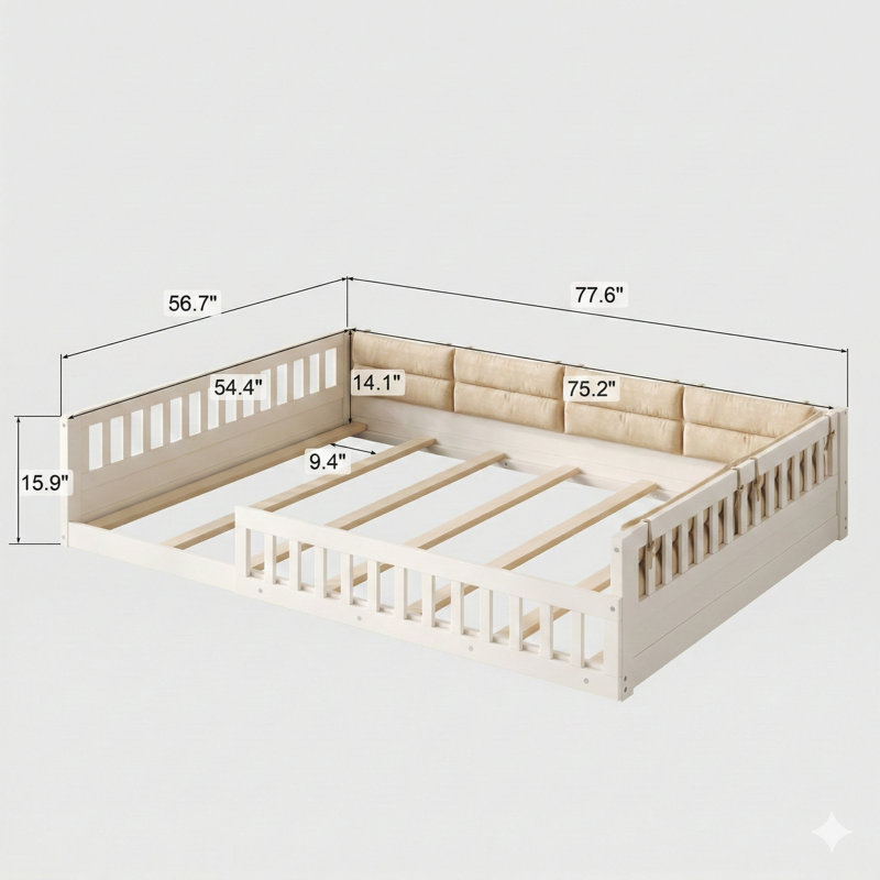 Lit plateforme en bois beige avec finition rembourrée, côtés protecteurs et coussin