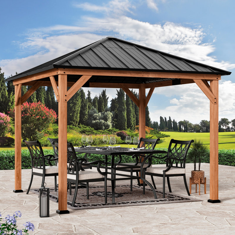 Pavillon de jardin en bois de cèdre de qualité supérieure 10 pi x 10 pi avec toit en acier galvanisé Sequoia