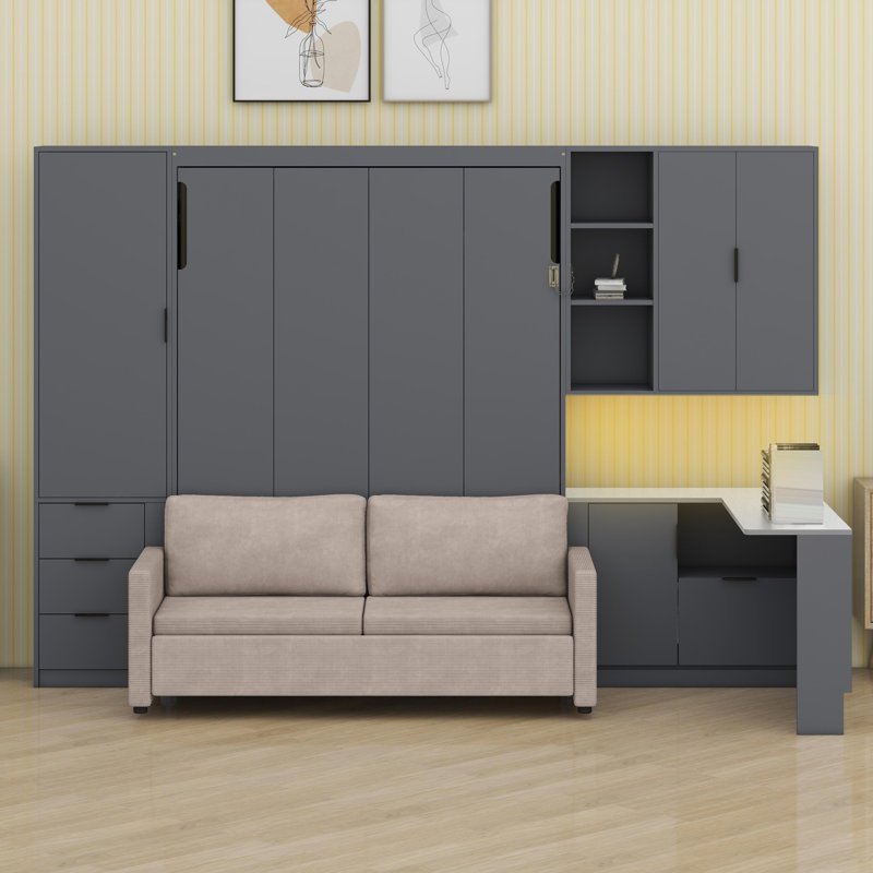 Lit escamotable avec rangement hydraulique, canapé, tablettes et tiroirs Murphy, Gris