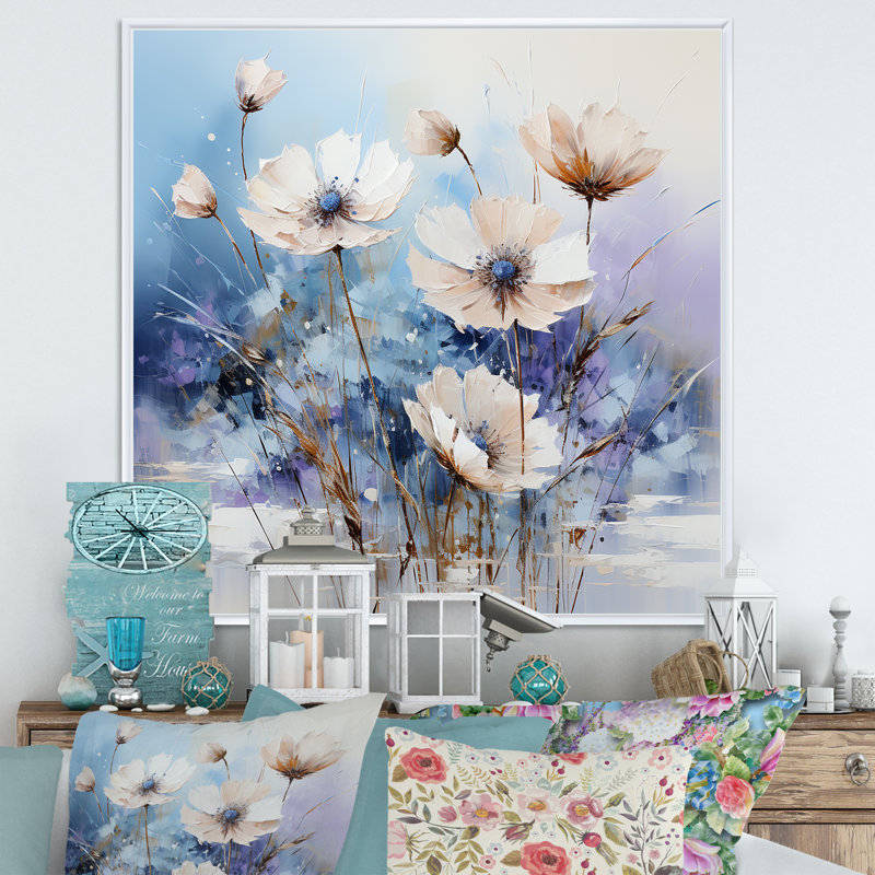 «Blue Cornflowers Charm In Winter», reproduction sur toile, Cadre flottant blanc, H 24 po x l 24 po