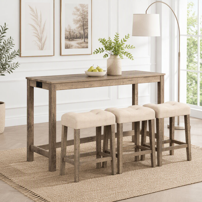 Ensemble de table de bar 4 pièces avec prise de courant, ensemble de table de bar avec chaises, table de bar avec tabourets, table de canapé avec 3 tabourets rembourrés