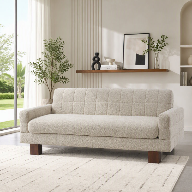 Causeuse moderne avec dossier capitonné et accoudoirs carrés, Tissu bouclé avoine
