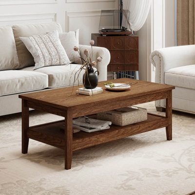 2-Tier Rectangle Center Table with Slatted Storage Shelf & Thickened Tabletop Charcoal
