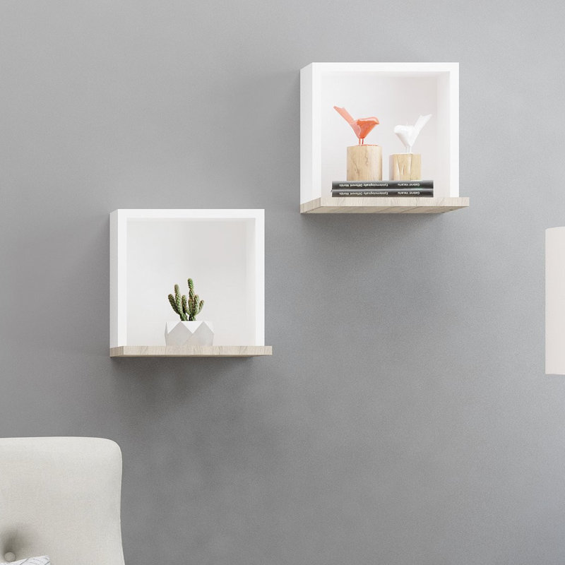 2 Piece Square Cube Shelf, White/Oak