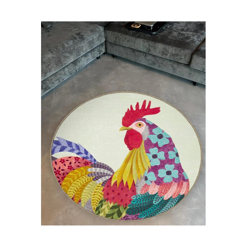 Multicolored Patterned Rooster Detailed Woven Base Modern Decorative Carpet, Round 2'8"