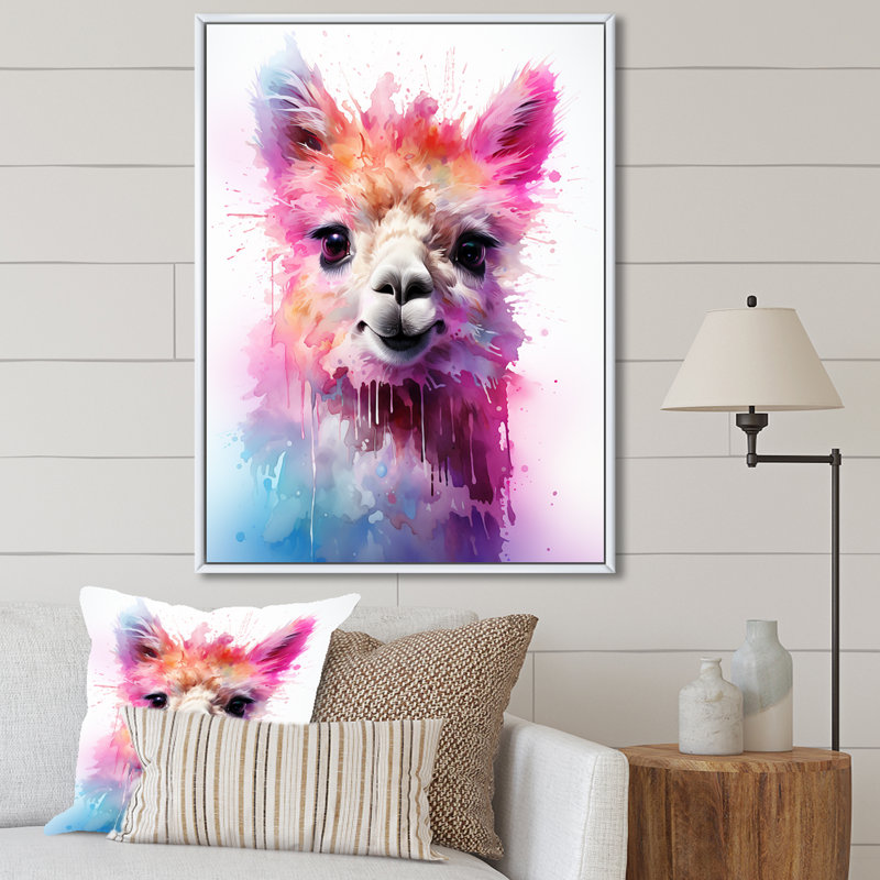 Coloré, enchanté, Popart, alpaga, portrait I - Alpaca, art mural, Cadre flottant blanc, H 44 po x l 34 po x P 1,5 po