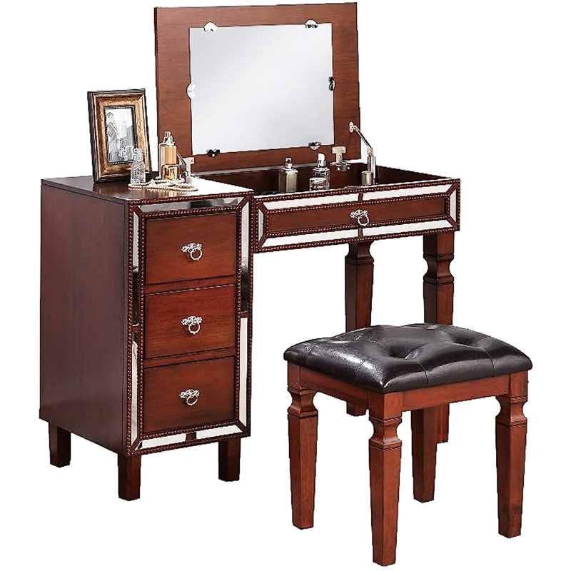 Meuble-lavabo traditionnel avec tabouret - Finition cerisier, espaces de rangement spacieux, coussin de siège confortable, bois d'hévéa et tons de pin, compartiments, siège élégant,
