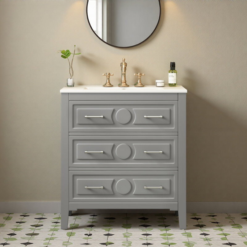 Ensemble de meuble-lavabo simple 30 po avec 3 tiroirs, meuble-lavabo autoportant avec cadre en bois massif 30 po
