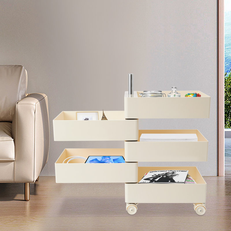 Storage Cabinet Bedside Table Rotating Sofa Side Cabinet Storage Rack With 4 Wheels, White