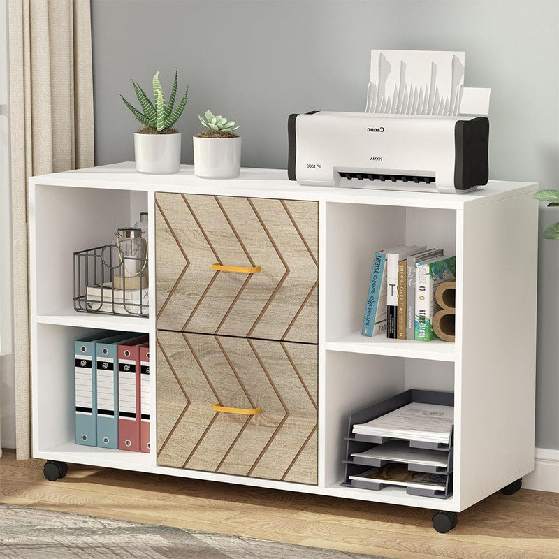 Wheeled File Cabinet with 2 Drawer, Large Mobile Lateral Filing Cabinet for Letter Size, Printer Stand with Storage Shelves for Home Office (White)