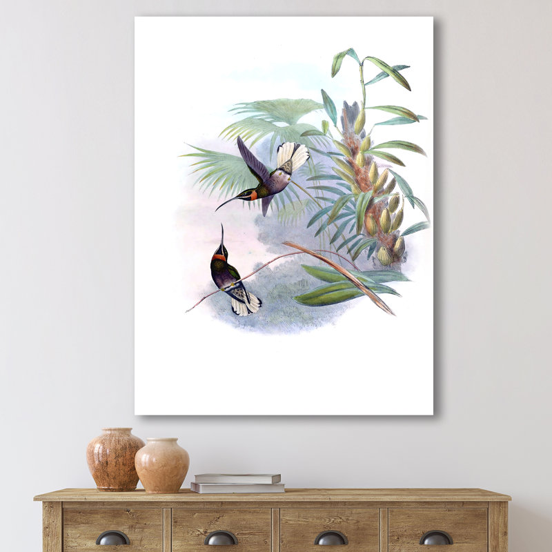 Colibri rétro sur une branche - impression sur toile, H 32 po x l 24 po x P 1 po, Toile tendue