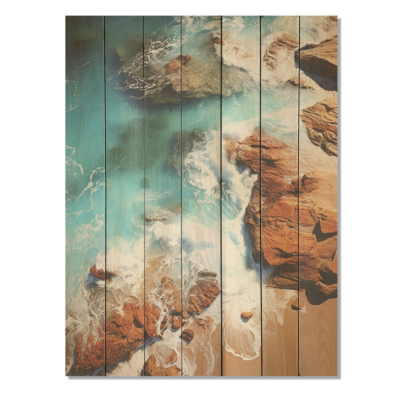 Aérien, tranquillité, plages tropicales en bleu ciel I - plage sur bois, H 44 po x l 34 po