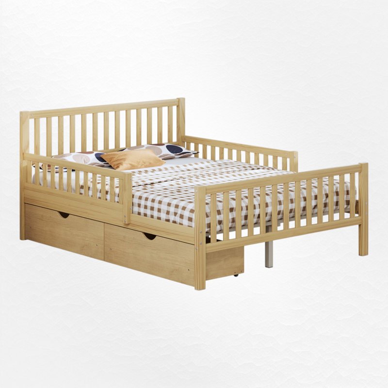 Wood Platform Bed with Guardrails on Both Sides and Two Storage Drawers, Full, Natural