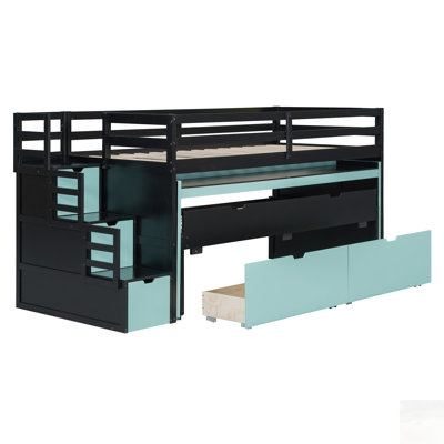 Lit mezzanine avec bureau coulissant et lit gigogne simple, lit superposé multifonctionnel avec 2 tiroirs de rangement et marches de rangement, jeu de lit et station de travail peu encombrants