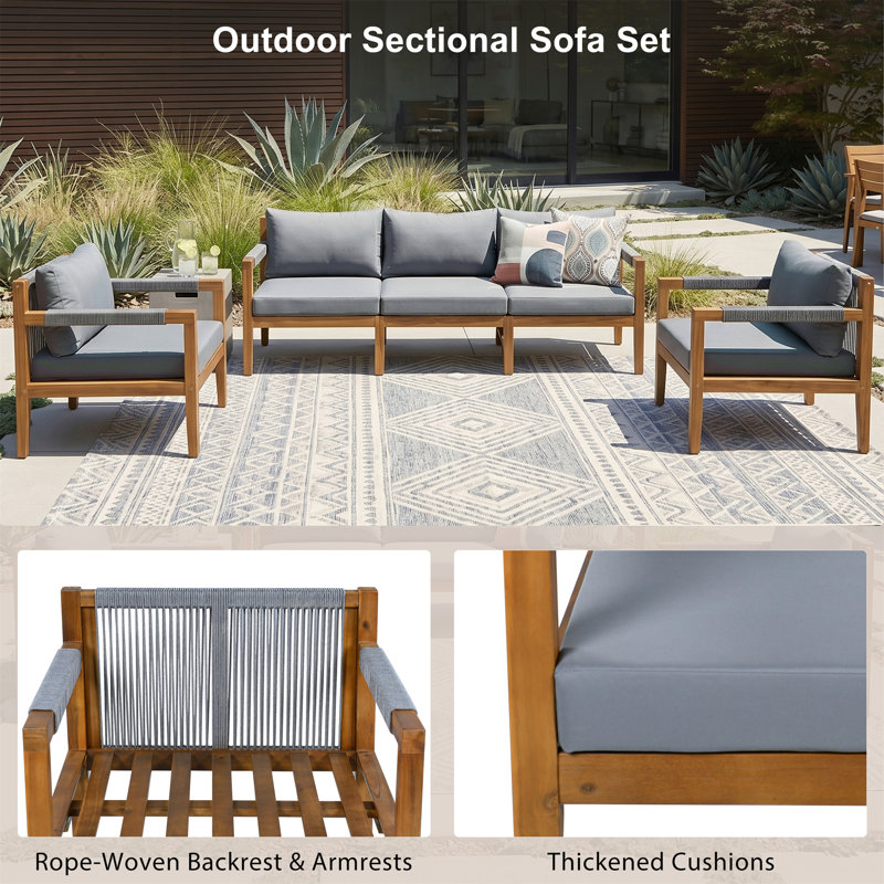 Solid Wood 5 - Person Patio Conversation Set with Cushions