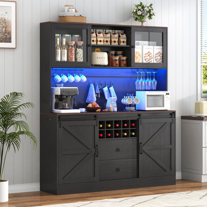 63.05" Bar Cabinet With Outlet, Wine Rack, Drawers And Hook, Black