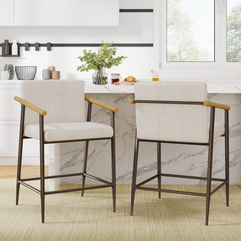 Ensemble de 2 tabourets de bar avec repose-pieds en métal, Beige