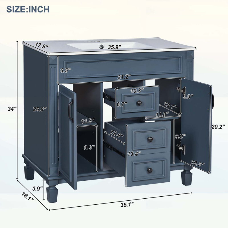 Meuble-lavabo moderne de 91 cm (36 po) avec lavabo, portes à fermeture douce et rangement dissimulé pour une organisation optimale.