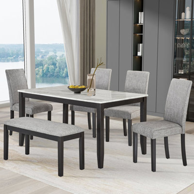 Ensemble de salle à manger 6 pièces avec plateau de table, ensemble de table de salle à manger pour 6 personnes, ensemble de table de salle à manger moderne en bois avec banc et 4 chaises pour la cuisine et la salle à manger
