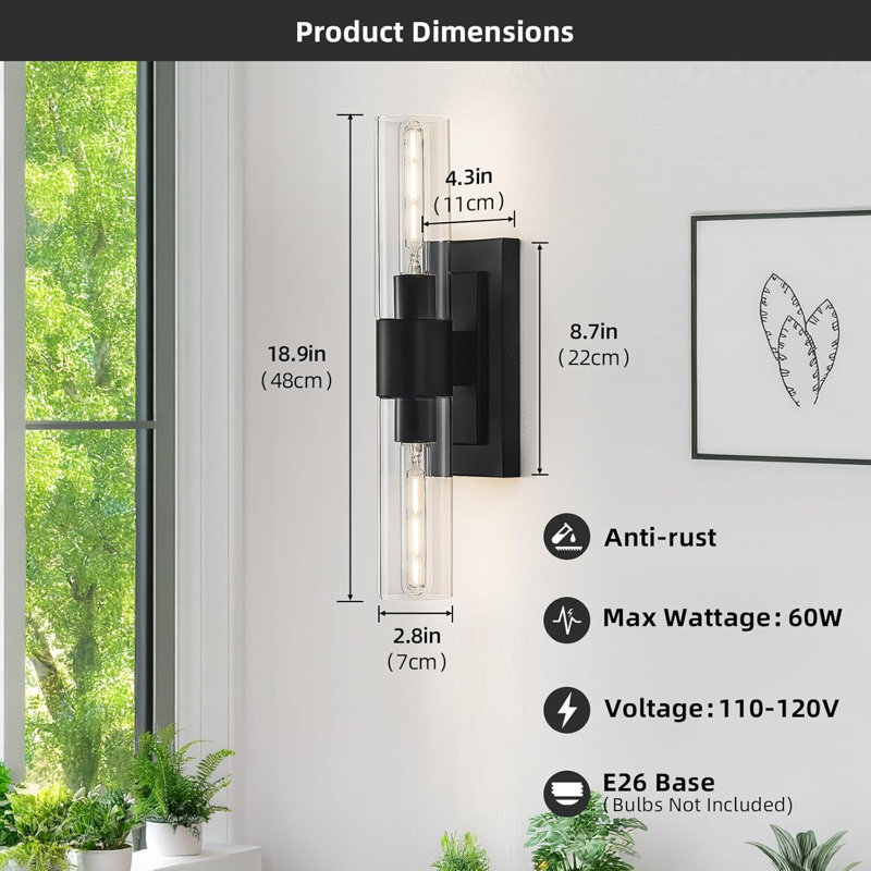 19" Black Wall Sconces Set of 2,Modern Bathroom Light Fixtures,2-Light Vanity Lights For Mirror,Indoor Wall Lamp Wall Mount Hardwired Light For Bedroom With Clear Glass E26 Base