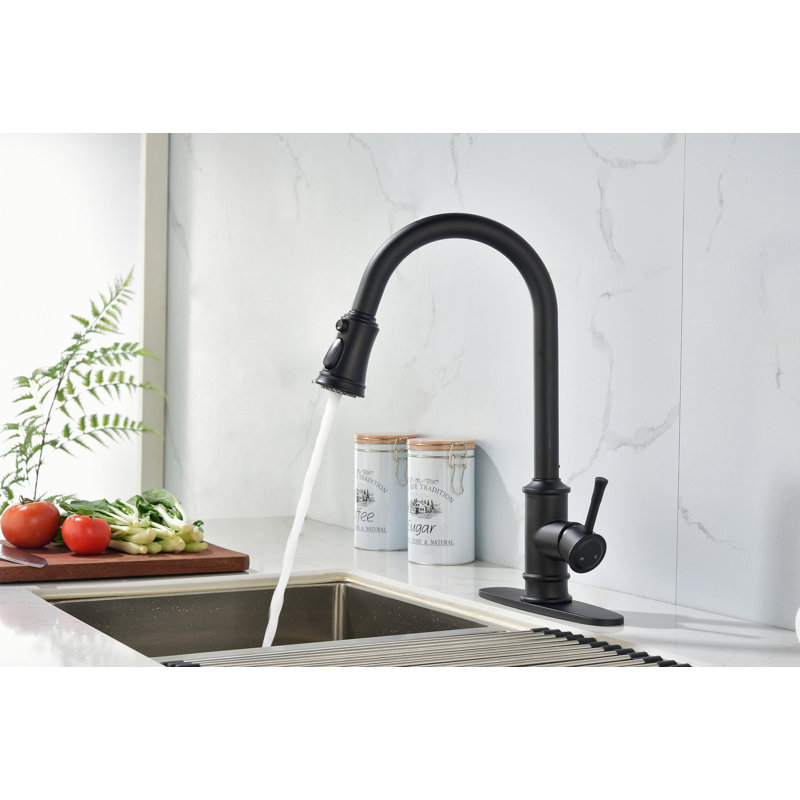 Robinet de cuisine à poignée simple à grande arche en nickel brossé, robinets d'évier de cuisine à un niveau en acier inoxydable avec douchette rétractable