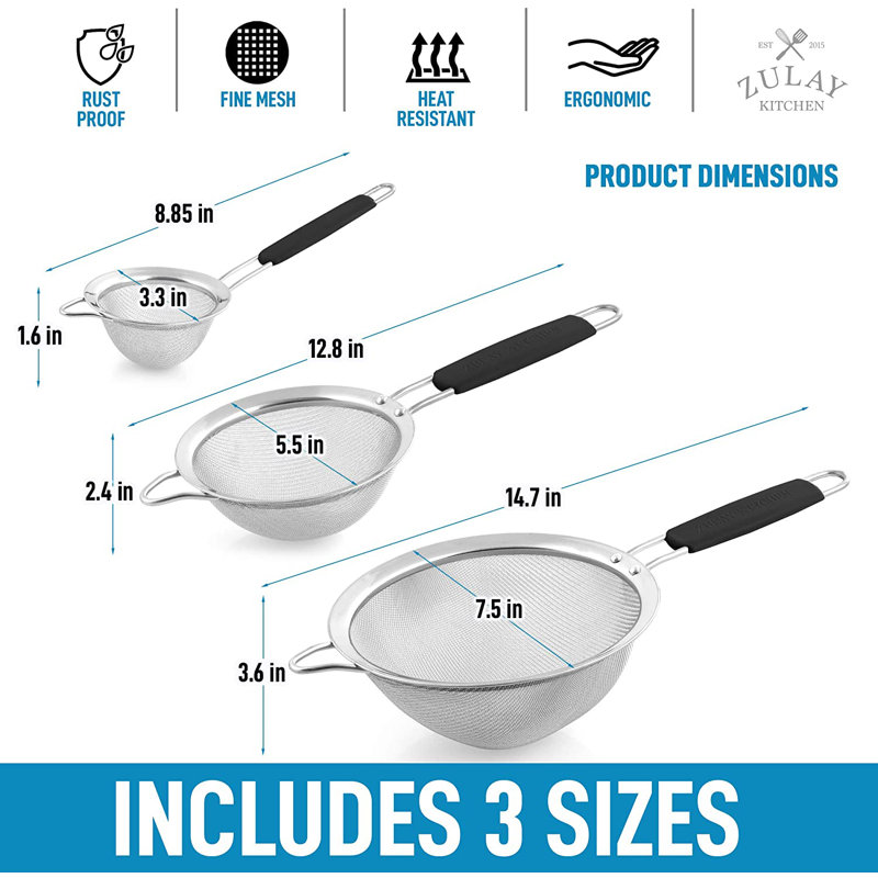 Black Stainless Steel Fine Mesh Strainer Set with Soft Handles