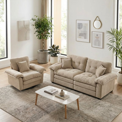 Ensemble de salon moderne 2 pièces : causeuse Cloud en chenille et fauteuil pivotant avec dossier capitonné et accoudoirs rembourrés