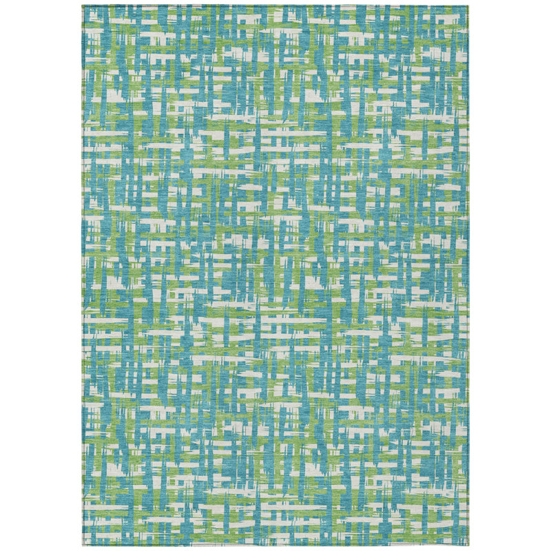3' X 5' Turquoise Green And Ivory Abstract Washable Indoor Outdoor Area Rug