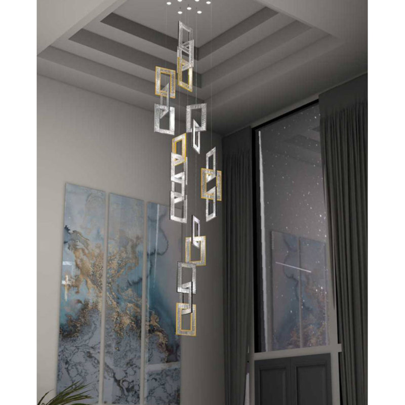 Lustre carré en chrome 36 lumières, Transparent, H 102 po x l 102 po x P 102 po, Laiton poli