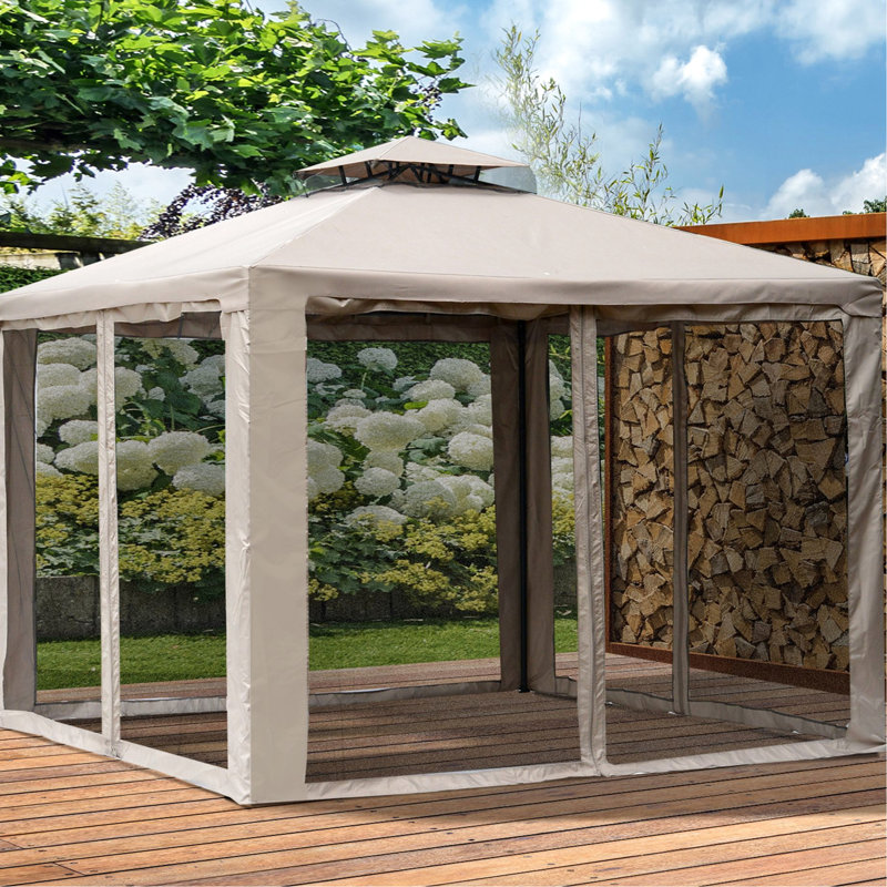 Auvent 9,6 'X pour abri de jardin extérieur, 2 toits avec filet. Protection, structure en acier, jardin, pelouse, cour arrière, terrasse. Taupe, structure spacieuse et à l'épreuve du vent et filet de protection