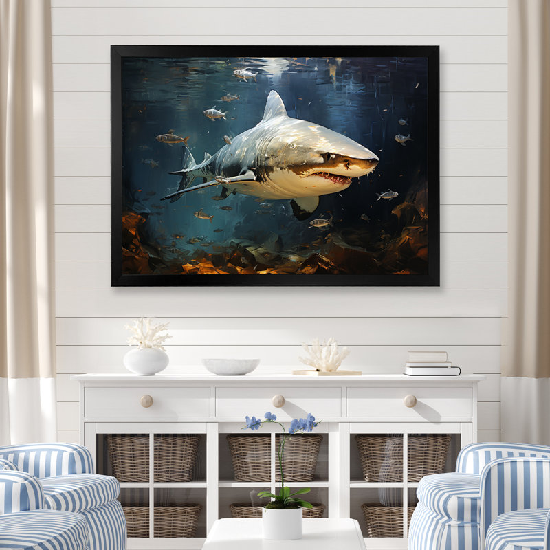 Requin sous l'eau II - Sharkwall Art, Cadre d'angle fermé noir, H 24 po x l 32 po x P 1 po