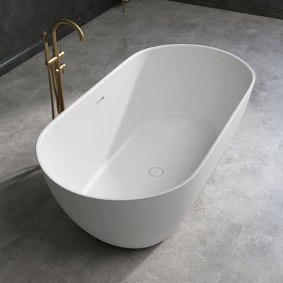 63'' Matte White Solid Surface Bathtub Freestanding Soaking Oval Slipper Stone Resin Tub with Pop-up Drain