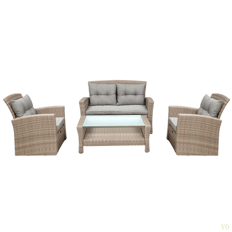 Canapé modulaire d'extérieur en osier avec repose-pieds et coussins 4 pièces, Gris